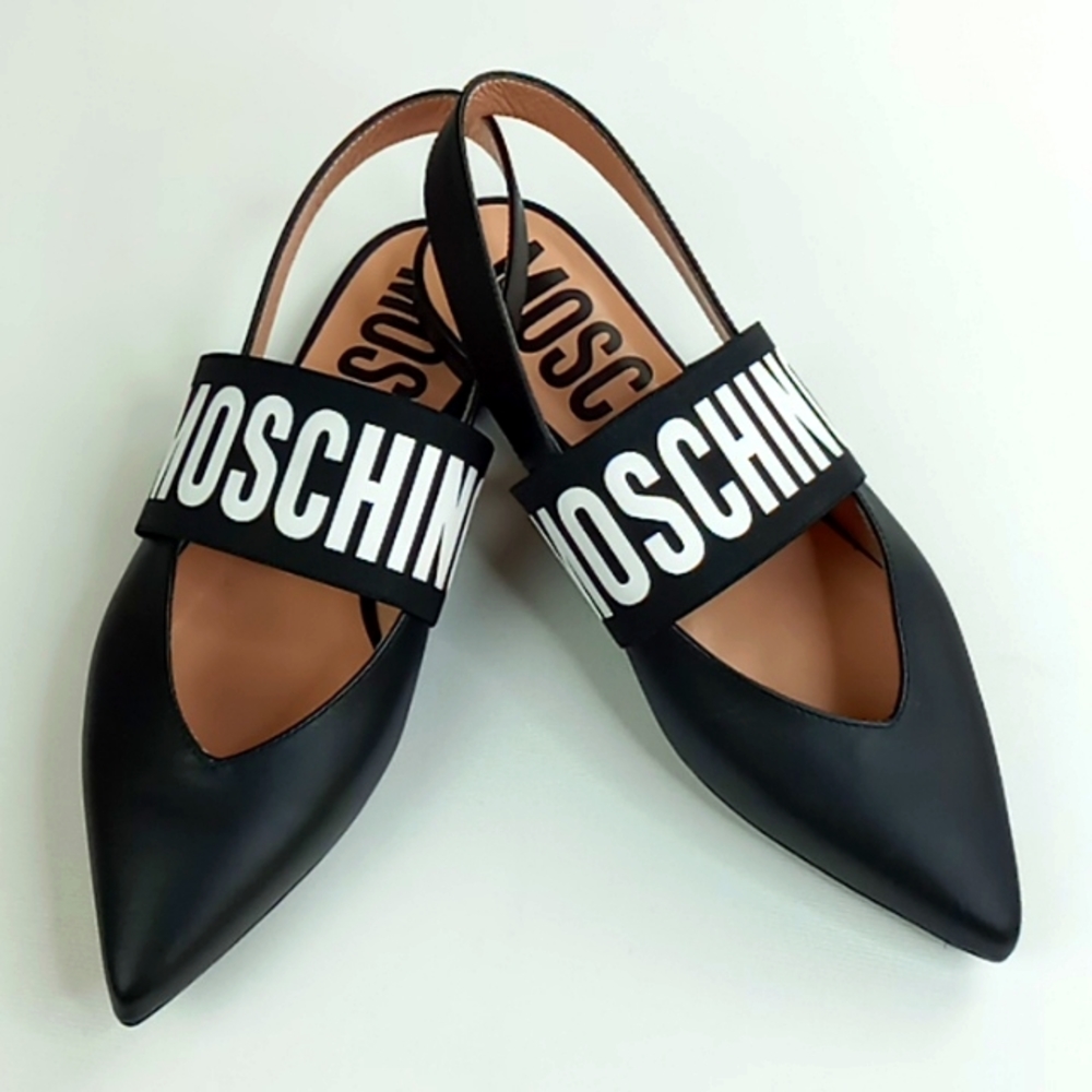 Moschino Logo Strap Black Leather Pointed Toe Flat Slingback Size 36/5.5
